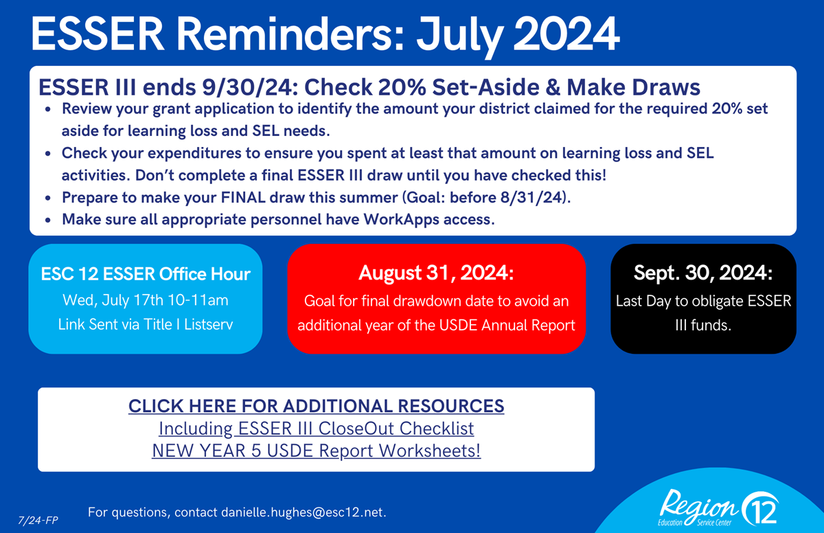 ESSER Reminders: July 2024
Click for calendar